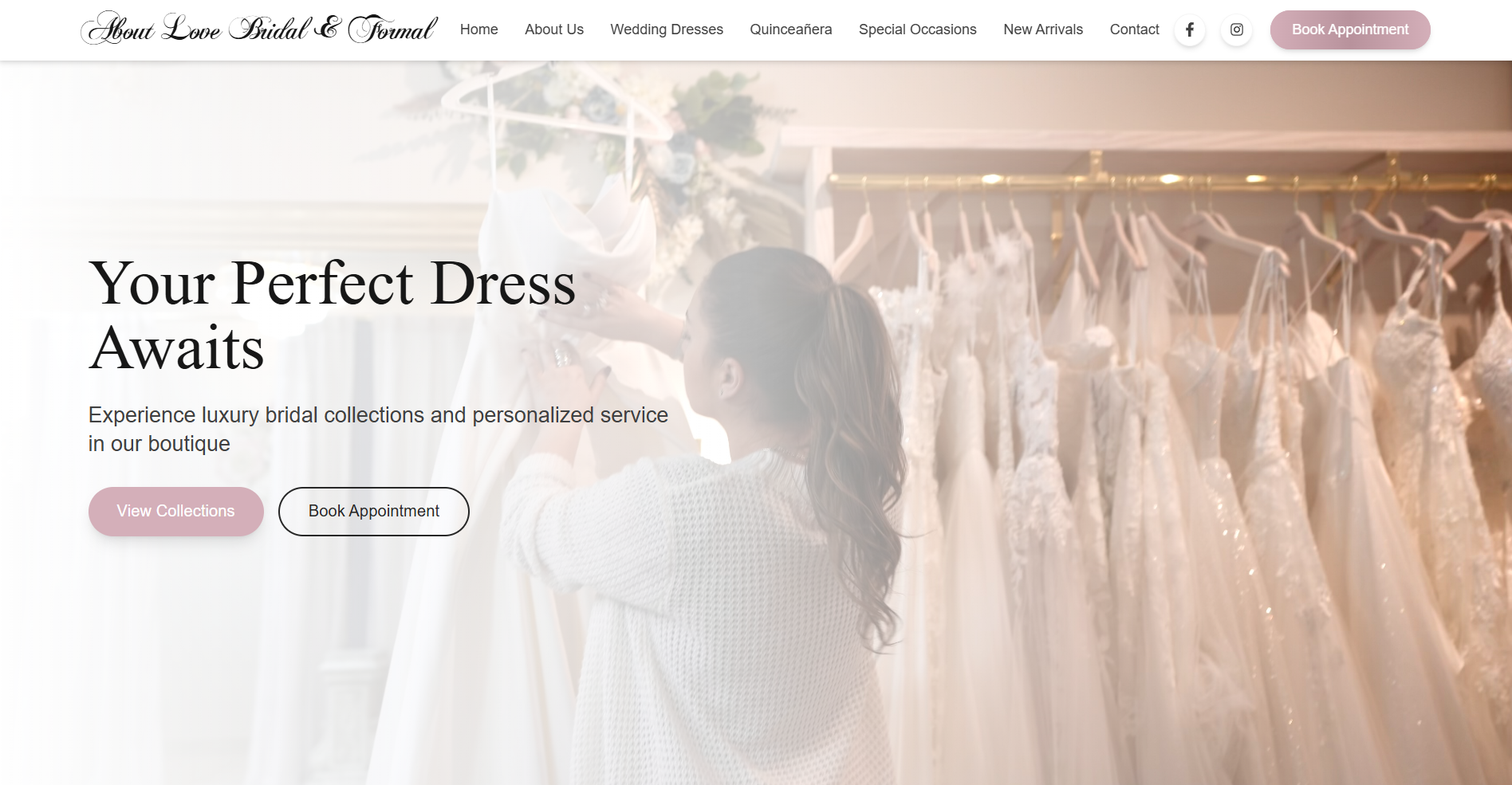 About Love Bridal & Formal website screenshot showing elegant bridal dress gallery