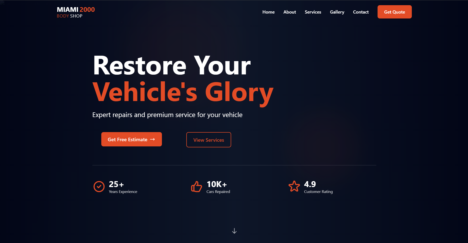 Miami 2000 Auto Body website screenshot showing automotive services